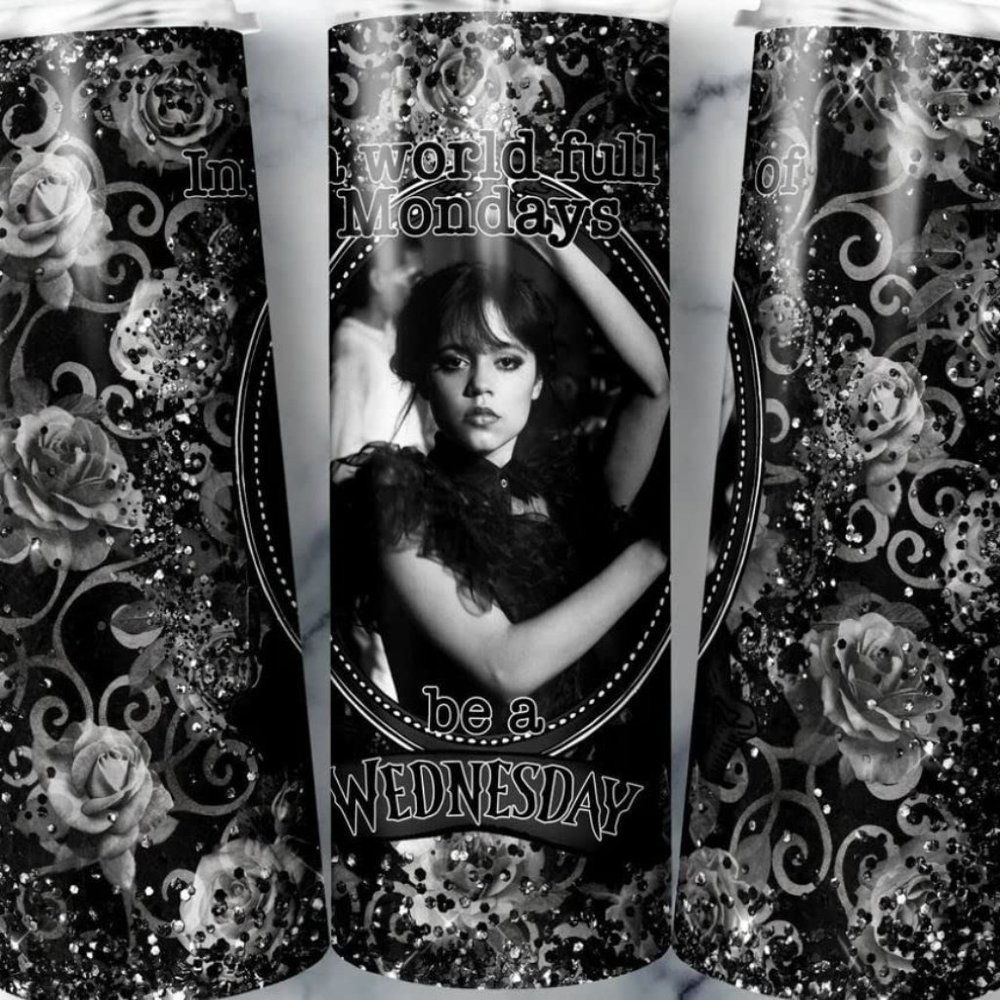 Wednesday Addams Themed 20 oz Skinny Tumbler With Lid and Straw